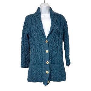 ARAN Irish Merino Wool Button Up Cardigan Blue Small S